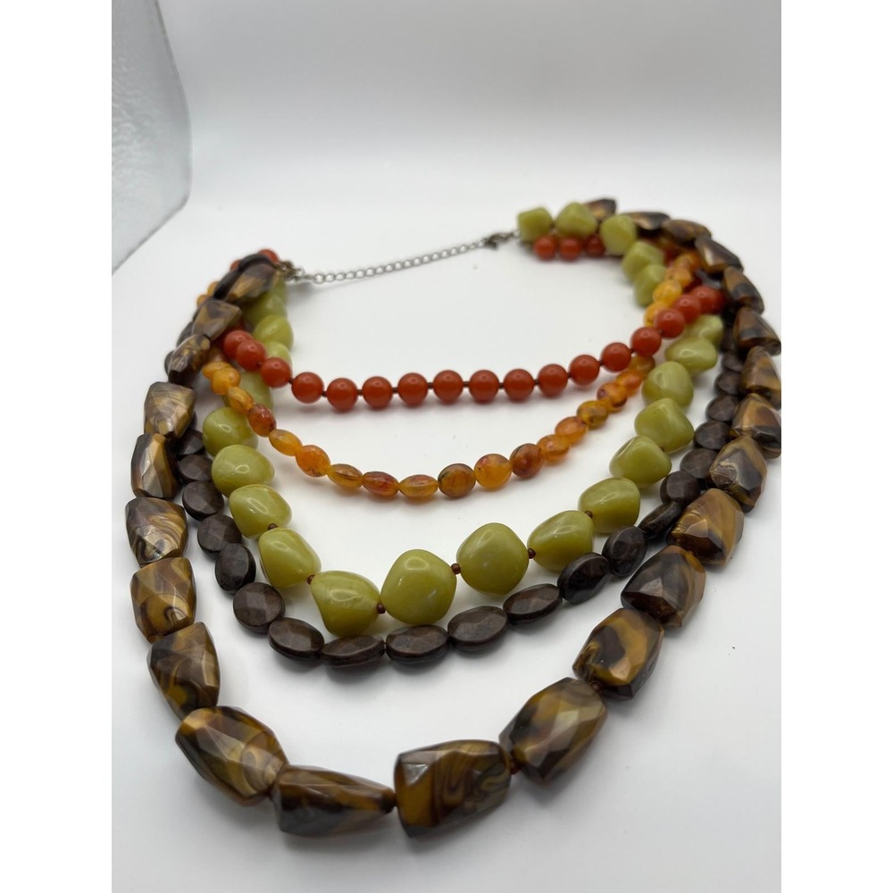 Vintage Chunky Bead Statement Necklace Earth Tone Green Orange Brown Resin